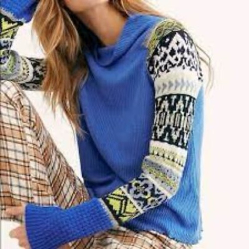 FREE PEOPLE NWT Blue Bell Fair Isle Patterned Sweater Size XS. P2P 18.5”